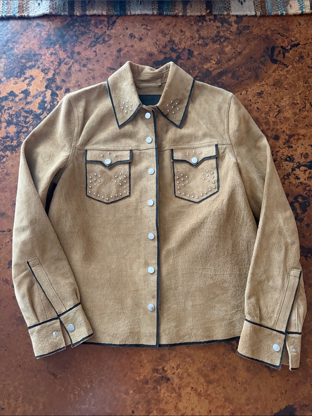 All Saints Tan Suede Studded Button-Front Jacket